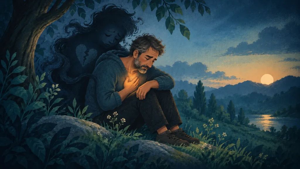 Illustration: Ein Mann sitzt unter einem Baum, die Hand auf dem warm leuchtenden Herzen; hinter ihm lehnt eine dunkle Gestalt mit gebrochenem Herzen, in der Ferne geht die Sonne über einem See und Hügeln unter